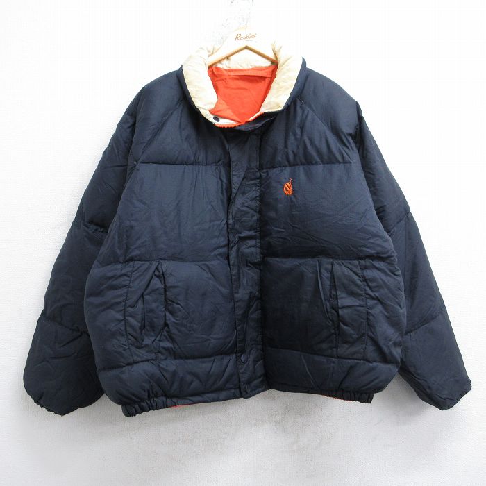 【中古】古着 ノーティカ 長袖 ブランド ダウン ジャケット メンズ 90年代 90s ワンポイントロゴ リバーシブル リップストップ 大きいサイズ 紺 25nov14