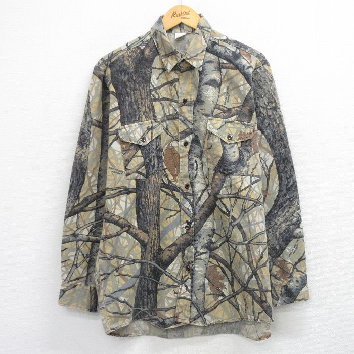 【中古】古着 長袖 ハンティング シャツ メンズ 90年代 90s ロング丈 USA製 薄緑他 迷彩 25nov15