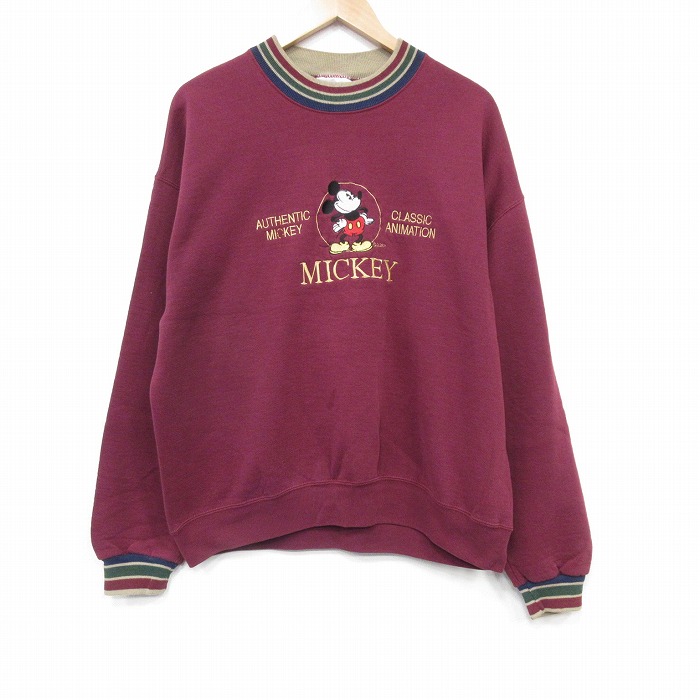 【中古】古着 長袖 スウェット メンズ 90年代 90s ディズニー ミッキー 刺繍　クルーネック USA製 エンジ【spe】 25nov20