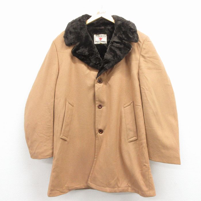 【中古】古着 長袖 ウール コート メンズ 80年代 80s ロング丈 茶 内側フェイクファー 25dec11