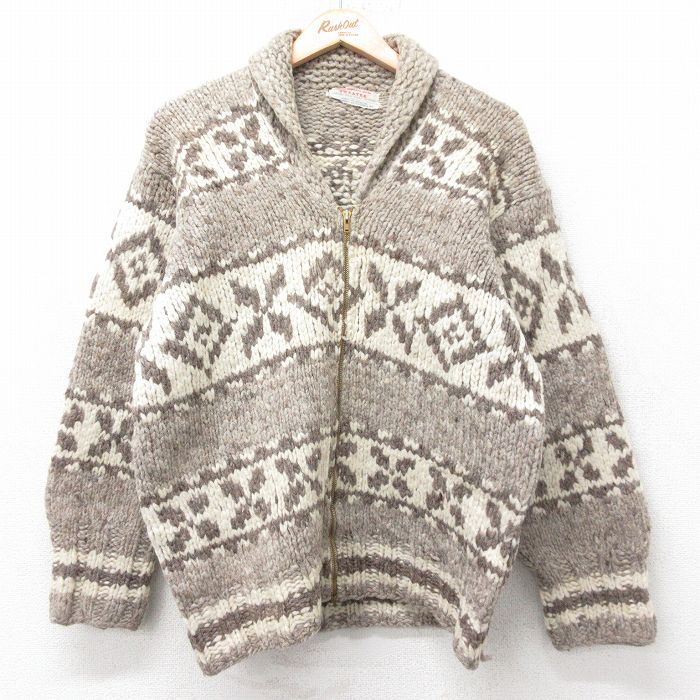 【中古】古着 長袖 フルジップ カウチン ニット カーディガン メンズ 70年代 70s ウール ベージュ系他【spe】 25dec12