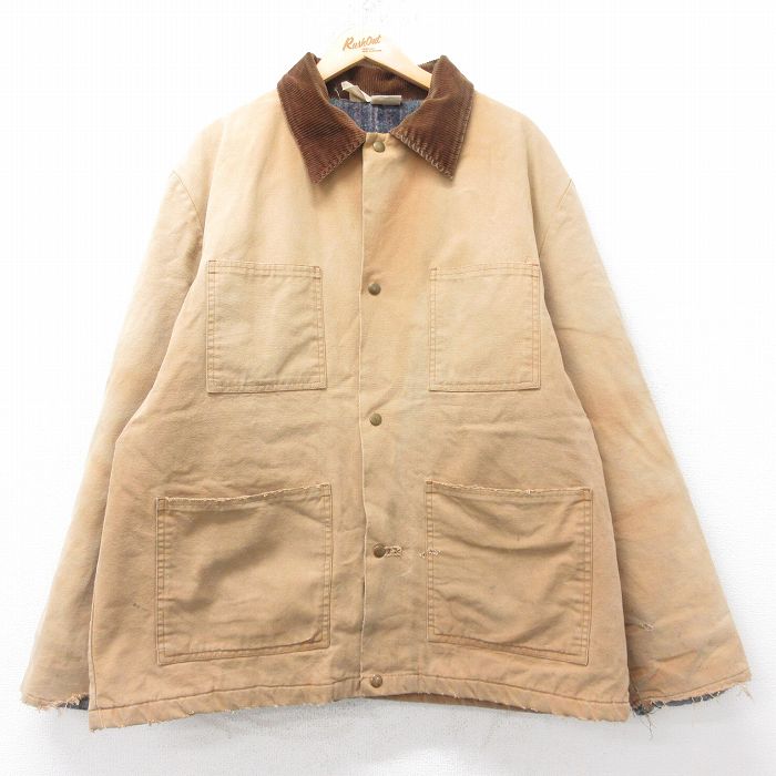 【中古】古着 リバティ 90s 90年代 長袖カバーオール メンズ ブラウン 襟コーデュロイ XLサイズ アメカジ ストリート カジュアル きれいめ ヴィンテージ レトロ オールド｜古着屋RushOut
