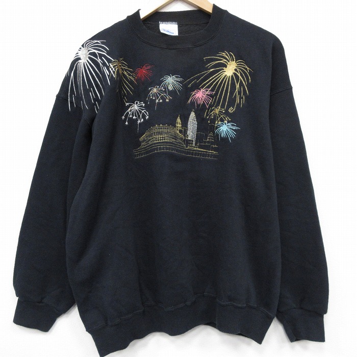 【中古】古着 TULTEX 長袖 スウェット メンズ 90年代 90s 花火 クルーネック USA製 黒 25dec18