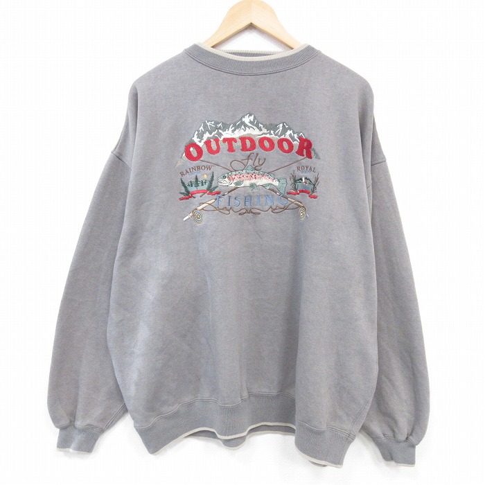 【中古】古着 長袖 スウェット メンズ 00年代 00s フィッシング 刺繍 大きいサイズ クルーネック グレー【spe】 25dec19