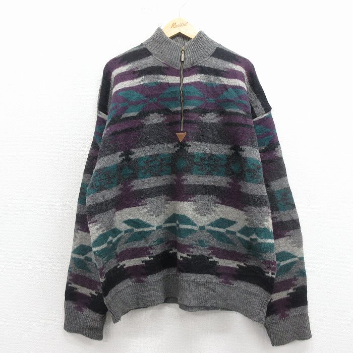 【中古】古着 EMS 長袖 ハーフジップ セーター メンズ 90年代 90s ネイティブ柄 ラグ柄 ウール USA製 紫【spe】 25dec24