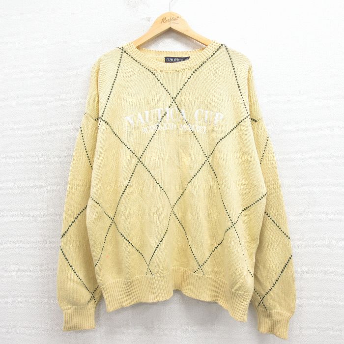 【中古】古着 ノーティカ 長袖 ブランド セーター メンズ 90年代 90s スコットランド 刺繍 コットン クルーネック 黄色他 25dec25