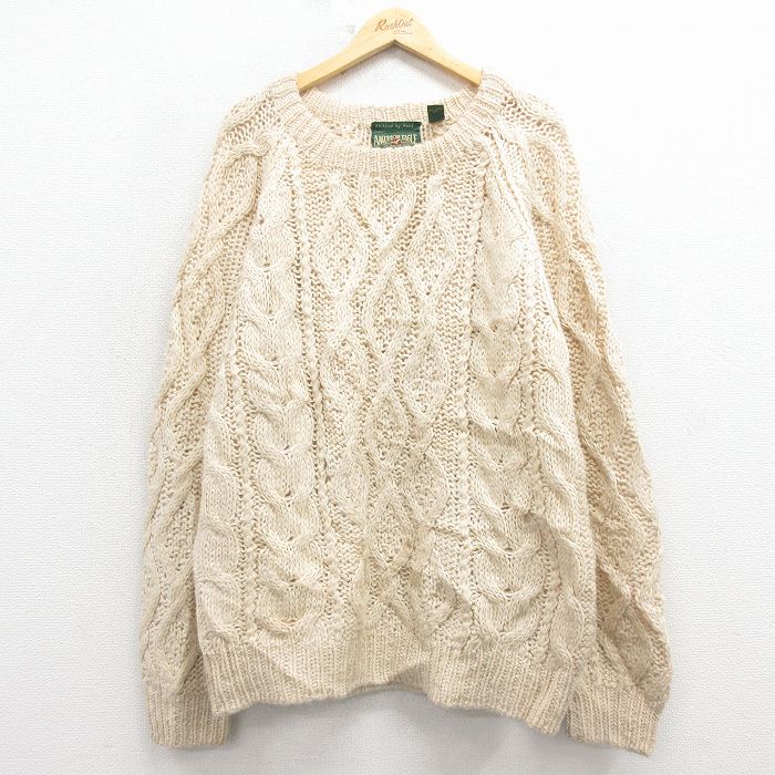 【中古】古着 アメリカンイーグル 長袖 ケーブル セーター メンズ 90年代 90s 手編み 大きいサイズ ウール 薄ベージュ【spe】 25dec25