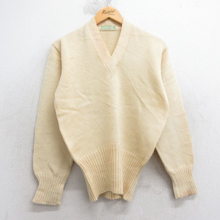【中古】古着 長袖 ビンテージ セーター メンズ 50年代 50s 無地 ウール Vネック USA製 生成り【spe】 25dec26