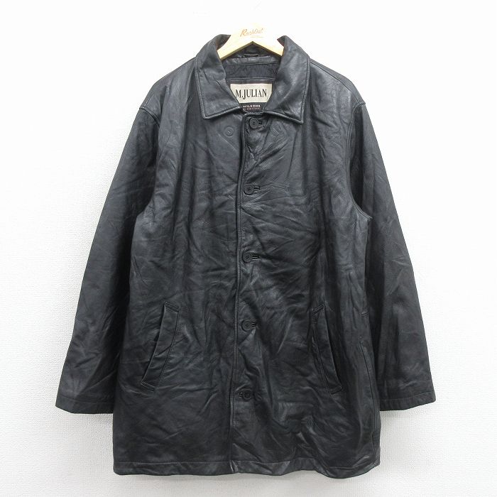 【中古】古着 ウィルソン 長袖 レザー ジャケット コート メンズ ロング丈 黒 内側キルティング【spe】 26jan08