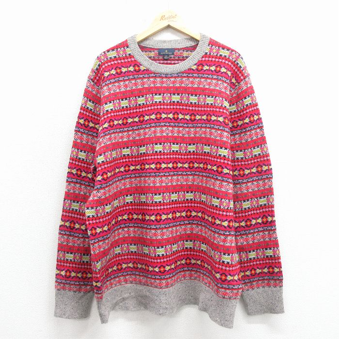 【中古】古着 ブルックスブラザーズ 長袖 ブランド セーター メンズ フェアアイル クルーネック 赤他 ストライプ 26jan08
