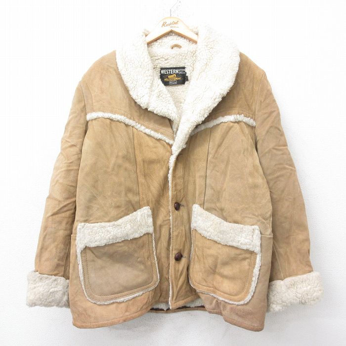 【中古】古着 シアーズ 長袖 スエード レザー ボア ジャケット ランチ コート メンズ 80年代 80s ベージュ他【spe】 26jan20