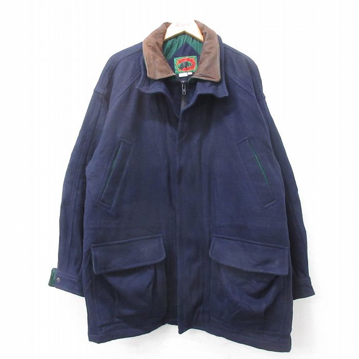 【中古】古着 ボストントレーダース 00s 長袖ウールジャケット メンズ 紺 襟レザー ロング丈 内側キルティング アメカジ ストリート カジュアル きれいめ ヴィンテージ 26jan21｜古着屋RushOut