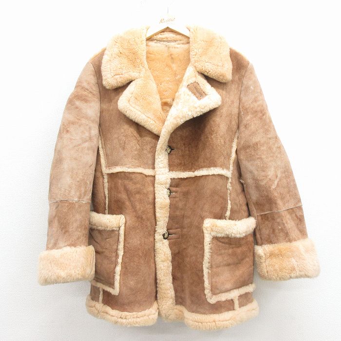 【中古】古着 長袖 ムートン レザー ジャケット コート メンズ 80年代 80s ロング丈 USA製 ベージュ他【spe】 26jan22