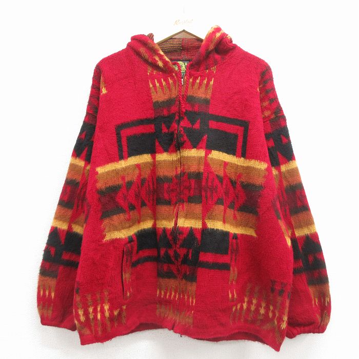【中古】古着 TEJIDOS RUMINAHUI 長袖フルジップニット ジレー メンズ 原住民柄 赤 エクアドル製 アメカジ 表どおり 心地好い 好いたらしいめ【spe】 26jan22 2OF