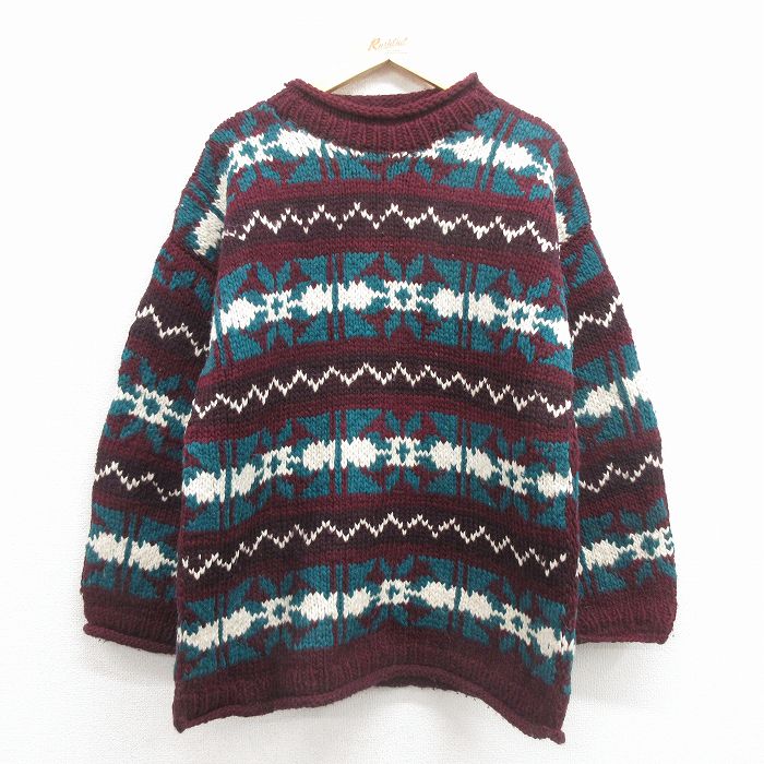 【中古】古着 長袖モックネックセーター メンズ ハイネック 羊毛 編み物 エンジ アメカジ 表どおり 心地よい 好いたらしいめ ヴィンテージ レトロ 年寄りの 26jan22