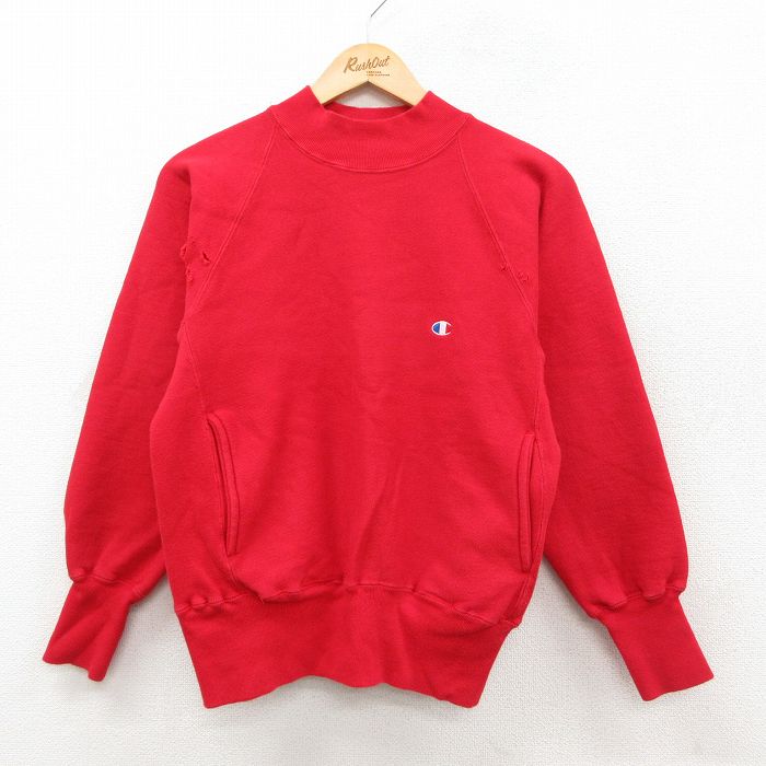 【中古】古着 長袖 チャンピオン Champion リバースウィーブ メンズ 90年代 90s ワンポイントロゴ ポケット付き ラグラン モックネック ハイネック 赤【spe】 26jan29