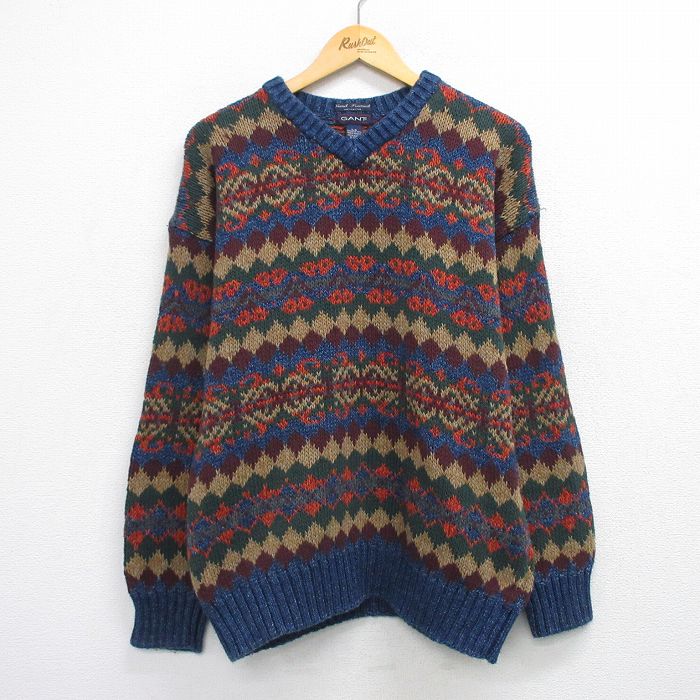 【中古】古着 90s 長袖スウェーター メンズ 90年月日 フェアアイル お手々編み物 編み物 スウェーター インディゴ 紺 Vのど首 手編み 綿織物 ヴィンテージ アメカジ 表どおり 心地よい【spe】 26feb04