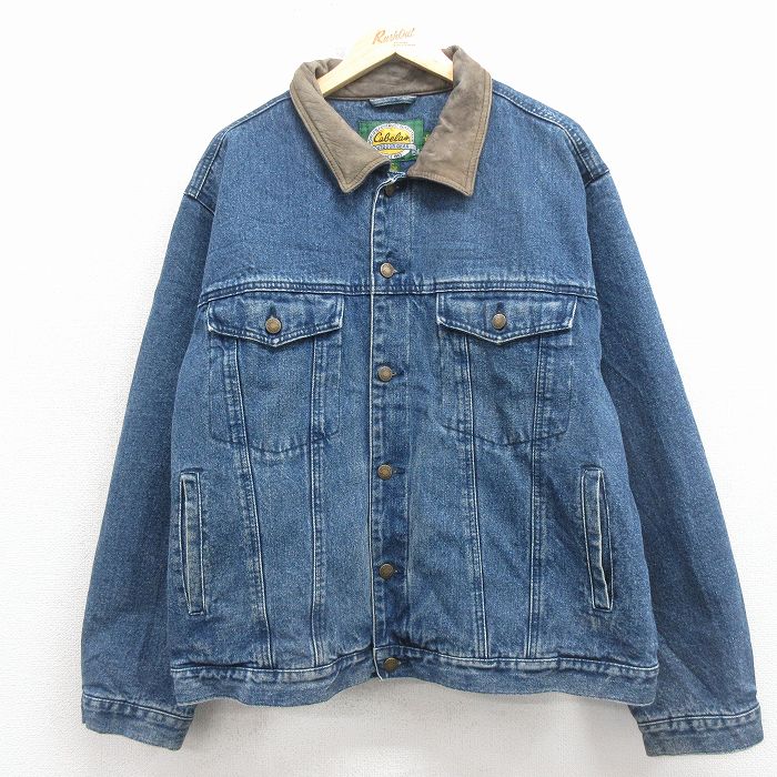 【中古】古着 カベラス 長袖 ジージャン メンズ 00年代 00s 大きいサイズ 襟レザー 紺 デニム 内側フランネル 26feb14