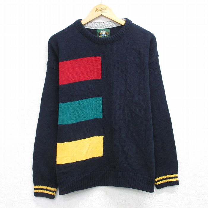 【中古】古着 ジャンセン 長袖 セーター メンズ 90年代 90s コットン クルーネック USA製 紺 26feb16