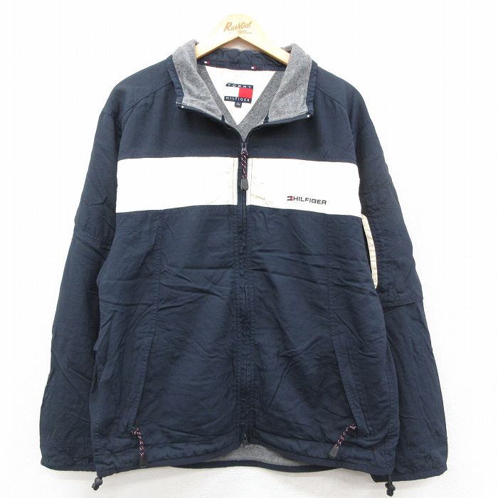 【中古】古着 トミーヒルフィガー 長袖 ブランド ナイロン ジャケット メンズ 90年代 90s ワンポイントロゴ 紺他 内側フリース 26feb18