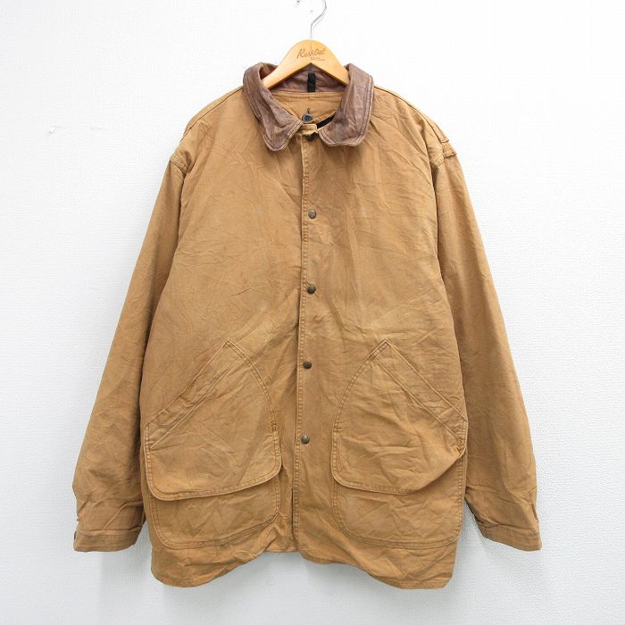 【中古】古着 ウールリッチ 長袖 ハンティング ジャケット メンズ 90年代 90s ダック地 襟レザー 大きいサイズ ロング丈 コットン USA製 ベージュ 内側ウール 26feb19