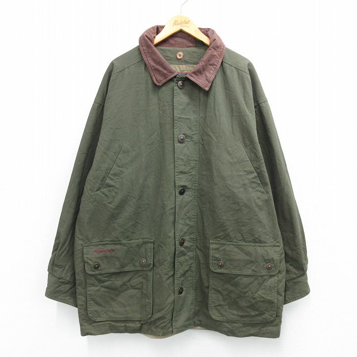 【中古】古着 ティンバーランド 長袖 ハンティング ジャケット メンズ 90年代 90s 襟レザー 大きいサイズ ロング丈 コットン 緑他 26feb19