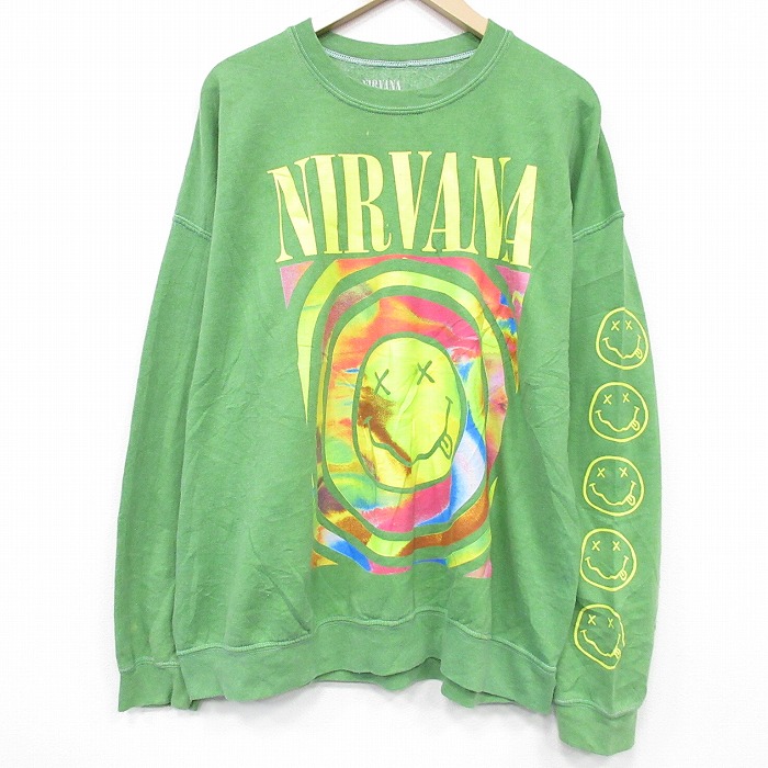 【中古】古着 長袖 ロック バンド スウェット メンズ ニルバーナ ニルヴァーナ 大きいサイズ クルーネック 薄緑【spe】 26feb24