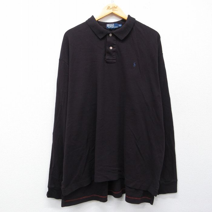 【中古】古着 ラルフローレン 長袖 ブランド ポロ シャツ メンズ 90年代 90s ワンポイントロゴ 大きいサイズ ロング丈 コットン 黒系 26mar04