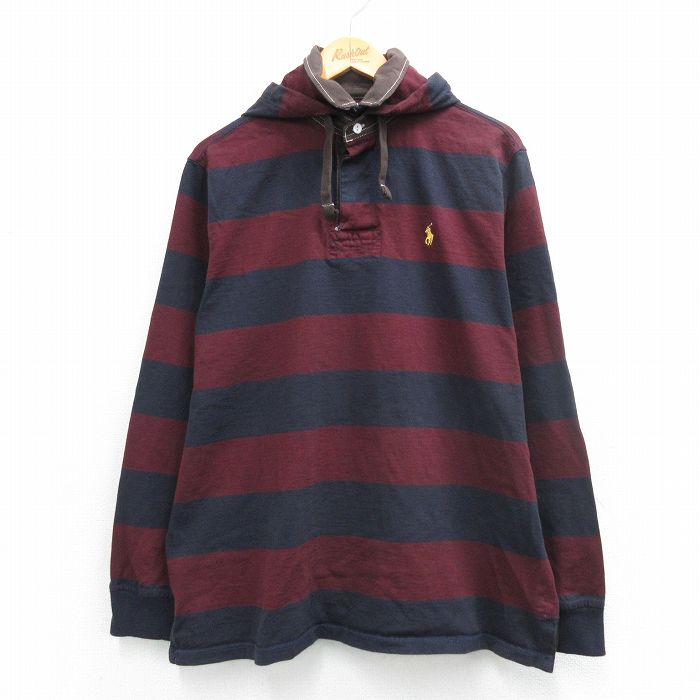 【中古】古着 ラルフローレン 長袖 ブランド ラガー シャツ パーカー メンズ 90年代 90s ワンポイントロゴ コットン エンジ他 ストライプ【spe】 26mar09