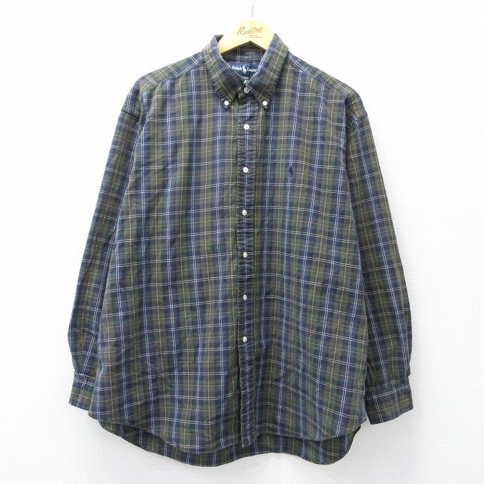 【中古】古着 ラルフローレン 長袖 ブランド シャツ メンズ 90年代 90s ワンポイントロゴ BLAIRE 大きいサイズ コットン ボタンダウン 緑他 チェック 26mar13