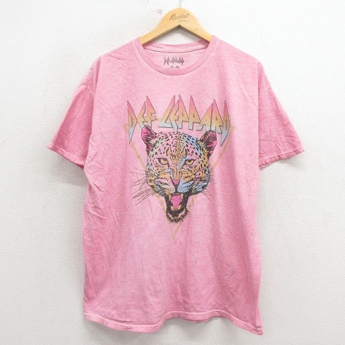 【中古】古着 半袖 ロック バンド Tシャツ メンズ デフレパード コットン クルーネック ピンク 26mar13