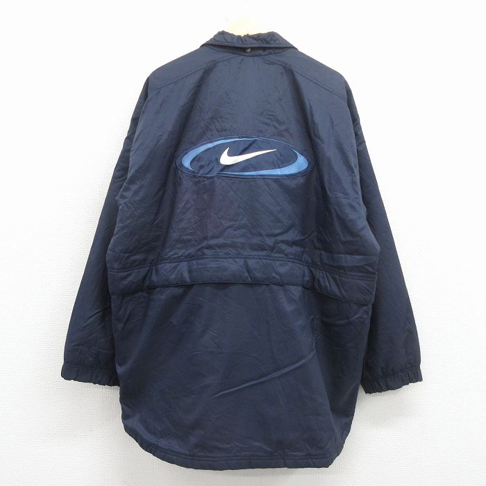 【中古】古着 ナイキ NIKE 長袖 ジャケット メンズ 90年代 90s ビッグロゴ 刺繍 大きいサイズ ロング丈 紺 内側キルティング【spe】 26mar17