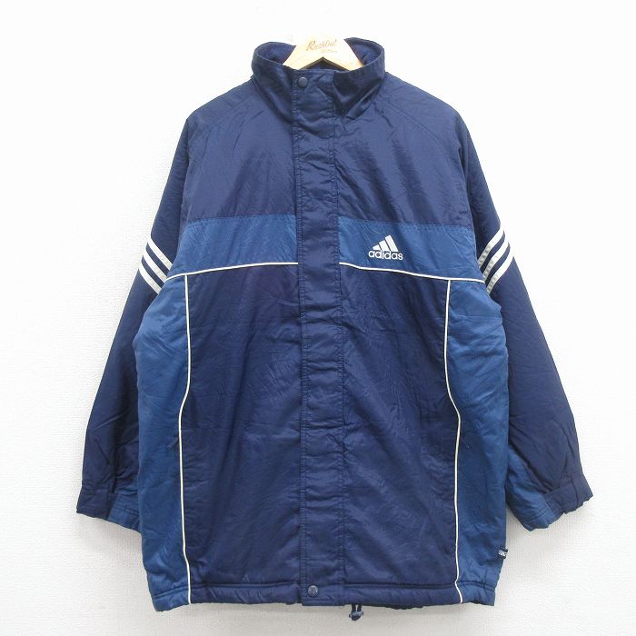 【中古】古着 アディダス adidas 長袖 ナイロン ジャケット メンズ 00年代 00s ワンポイントロゴ ロング丈 ラグラン 紺 内側キルティング 26mar17