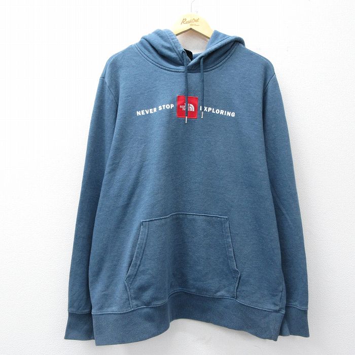 【中古】古着 ノースフェイス 長袖 スウェット パーカー メンズ ワンポイントロゴ 大きいサイズ 薄紺 霜降り【spe】 26mar21