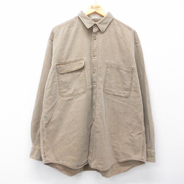 【中古】古着 長袖 シャツ メンズ 90年代 90s 大きいサイズ ロング丈 コットン USA製 ベージュ系 26mar24