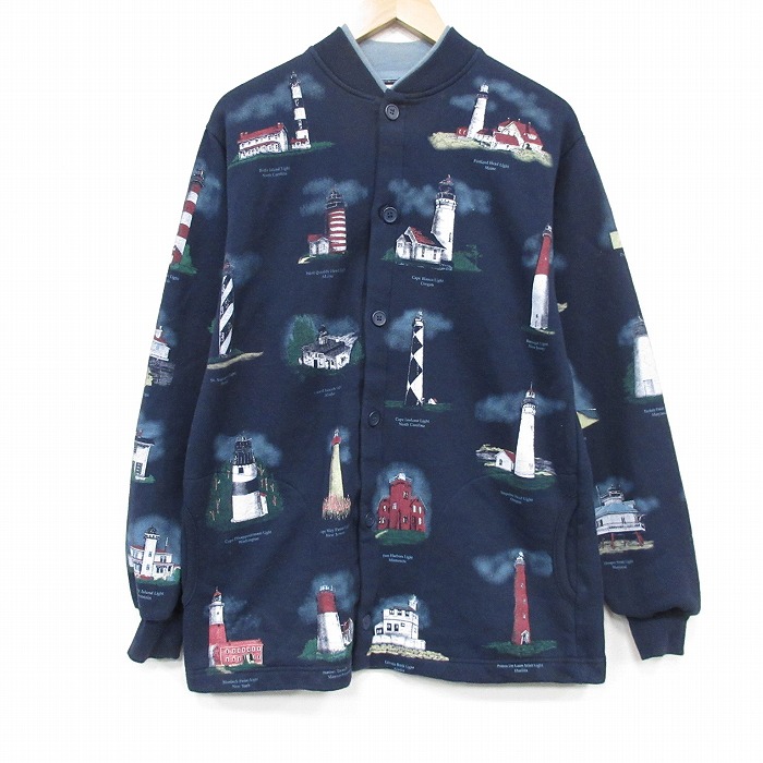 【中古】古着 ART UNLIMITED 長袖 スウェット カーディガン メンズ 90年代 90s 灯台 USA製 紺他【spe】 26mar25