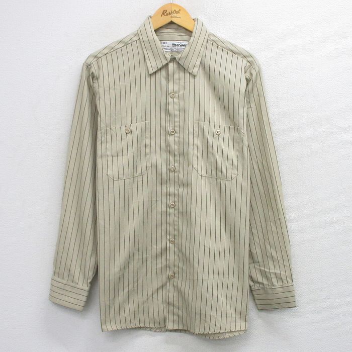 【中古】古着 Wear Guard 長袖 ワーク シャツ メンズ 90年代 90s USA製 ベージュ他 ストライプ【spe】 26mar27