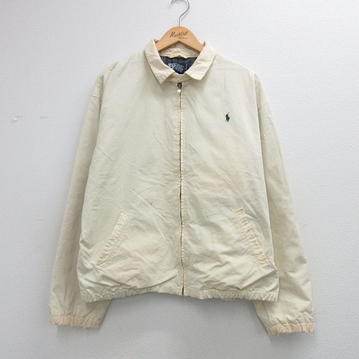 【中古】古着 ラルフローレン 長袖 ブランド ジャケット スイングトップ メンズ 90年代 90s ワンポイントロゴ ボロ 大きいサイズ コットン 薄ベージュ 内側フランネル 26apr07｜古着屋RushOut