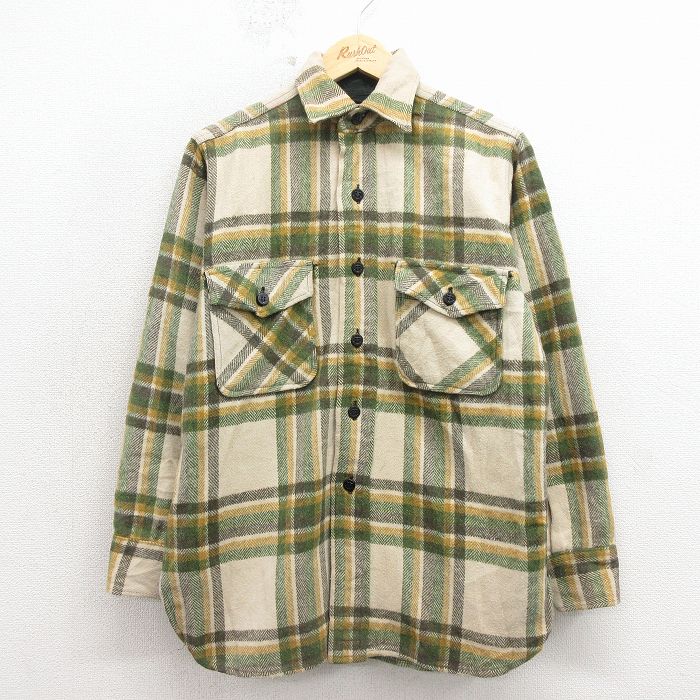 【中古】古着 70s 長袖シャツ メンズ Mサイズ グリーンチェック マチ付き ヴィンテージ アメカジ ストリート カジュアル きれいめ レトロ オールド｜古着屋RushOut
