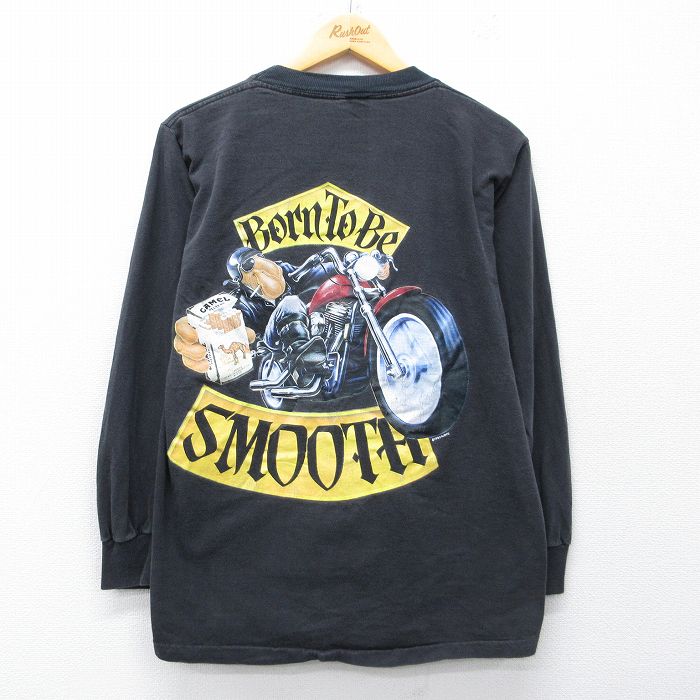 【中古】古着 長袖 ビンテージ Tシャツ メンズ 90年代 90s キャメル タバコ バイク 胸ポケット付き コットン クルーネック USA製 黒【spe】 26apr16|古着屋RushOut