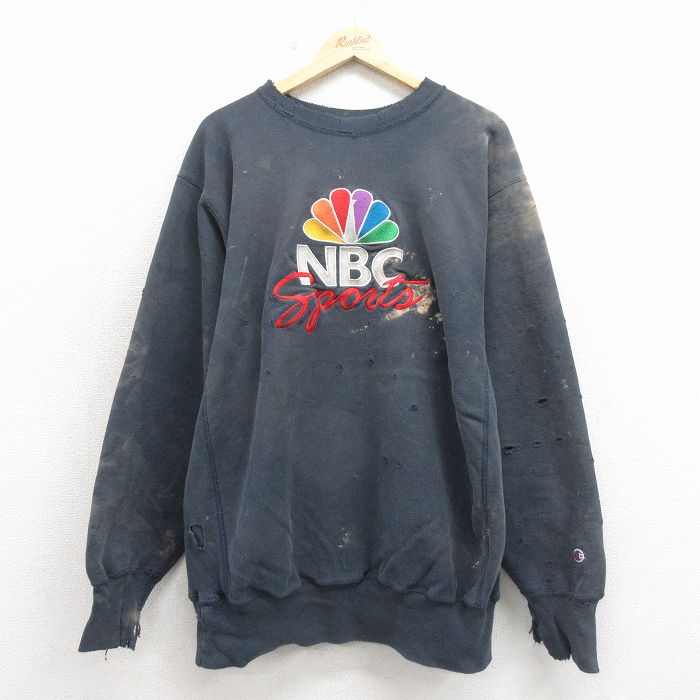 【中古】古着 長袖 はやりっ児 Champion リバースウィーブ メンズ 90年月日 90s NBC 刺しゅう ボロ 労働者の一団のど首 濃紺色 ブリーチ産業【spe】 26apr17