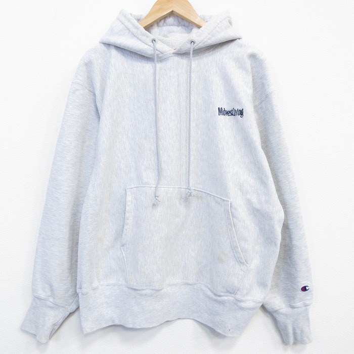 【中古】古着 長袖 はやりっ児 Champion リバースウィーブ  パーカー メンズ 00年月日 00s ミッドウエスト 薄薄墨色 霜降り【spe】 26apr22
