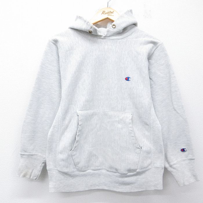 【中古】古着 長袖 はやりっ児 Champion リバースウィーブ パーカー メンズ 90年月日 90s ワンポイントロゴタイプ USA製 薄薄墨色 霜降り【spe】 26apr24