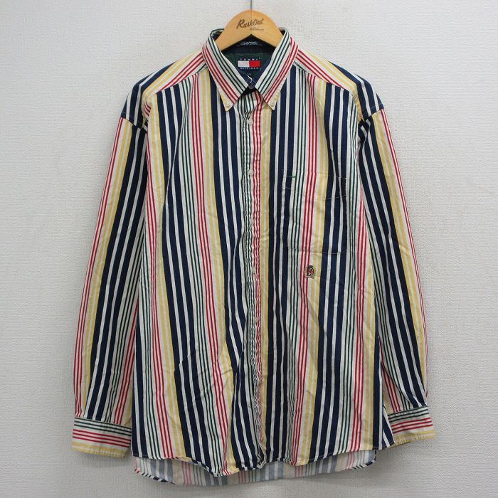【中古】古着 トミーヒルフィガー 長袖 ブランド名 ティーシャツ メンズ 90年月日 90s ワンポイントロゴタイプ 馬鹿でかい大いさ 名取り草落ち込む 白他 縞模様【spe】 26apr30