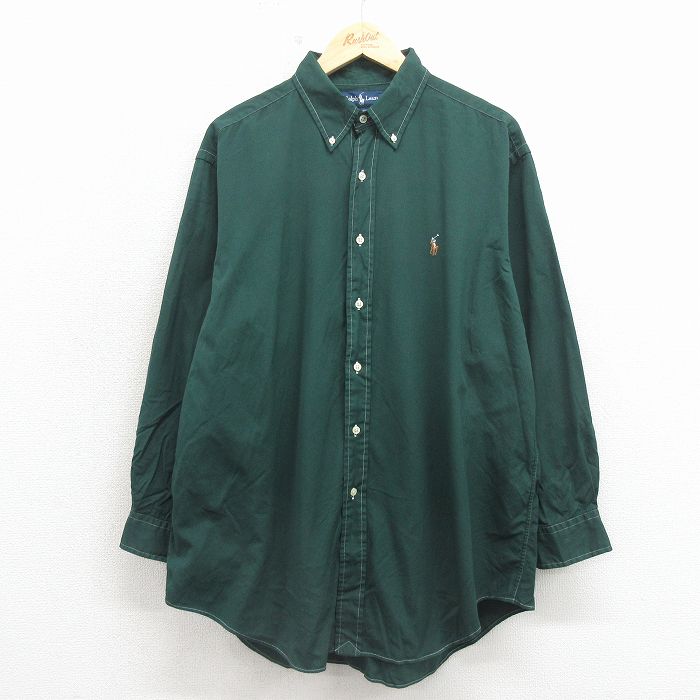【中古】古着 ラルフローレン 長袖 ブランド名 ティーシャツ メンズ 90年月日 90s ワンポイントロゴタイプ YARMOUTH オックスフォード 馬鹿でかい大いさ 綿織物 名取り草落ち込む 緑【spe】 26apr30