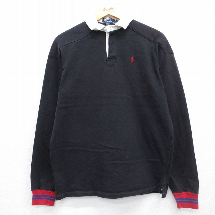 【中古】古着 ラルフローレン 長袖 ブランド名 ラグビー プルオーバー メンズ 90年月日 90s ワンポイントロゴタイプ 綿織物 USA製 黒他【spe】 26may07