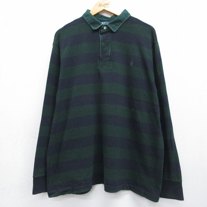 【中古】古着 ラルフローレン 長袖 ブランド名 ラグビー プルオーバー メンズ 90年月日 90s ワンポイントロゴタイプ 大層らしい大きさ 綿織物 緑他 間借り人【spe】 26may08