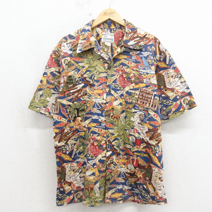 【中古】古着 レインスプーナー 半袖 ハワイアン プルオーバー メンズ 90年月日 90s フラ御姉さん ヤシ科の木 綿織物 開襟 明けっ広げ色合い 紺【spe】 26may09