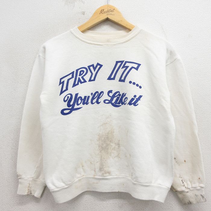 【中古】古着 長袖 ビンテージ 汗水 メンズ 70年月日 70s TRY 染込 労働者の一団のど首 白【spe】 26may11