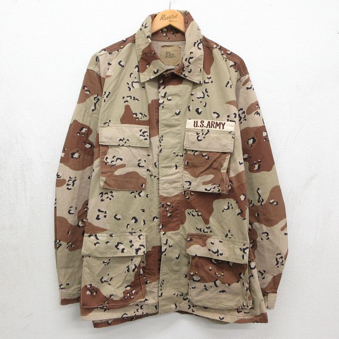 【中古】古着 長袖 ミリタリー 上衣 メンズ 90年月日 90s US正規陸軍 武装戦闘 乾荒原合鴨 チョコレート心付け 大層らしい大きさ ロング丈 ベージュ 偽装 26may13